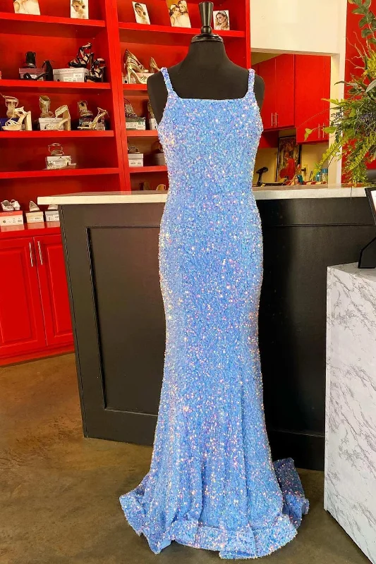 boho-chic dressBlue Iridescent Sequin Straps Backless Mermaid Long Prom Dress