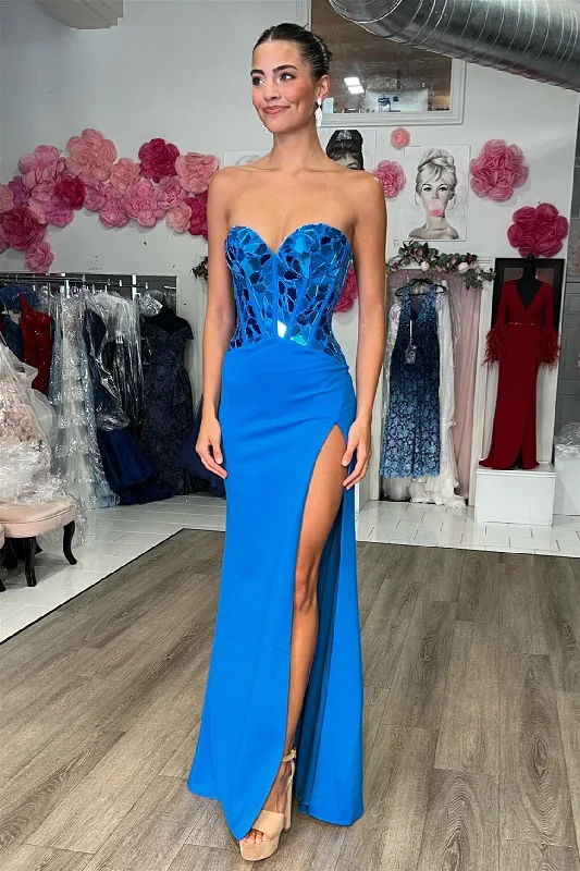 luxury dressRoyal Blue Mirror-Cut Sequins Strapless Mermaid Long Prom Dress with Slit