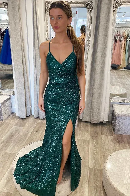 trendy dressHunter Sequin Surplice Neck Mermaid Long Dress with Slit