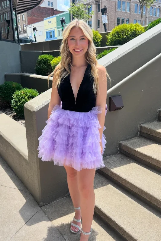 chic dressHalter Black and Lavender Tulle Ruffle Short Dress