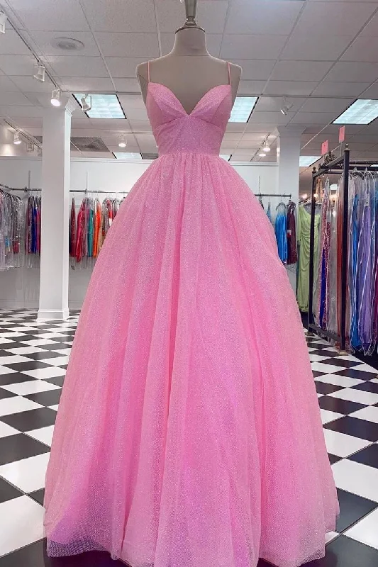 one-shoulder dressGlitter Pink Halter Tulle Prom Dress