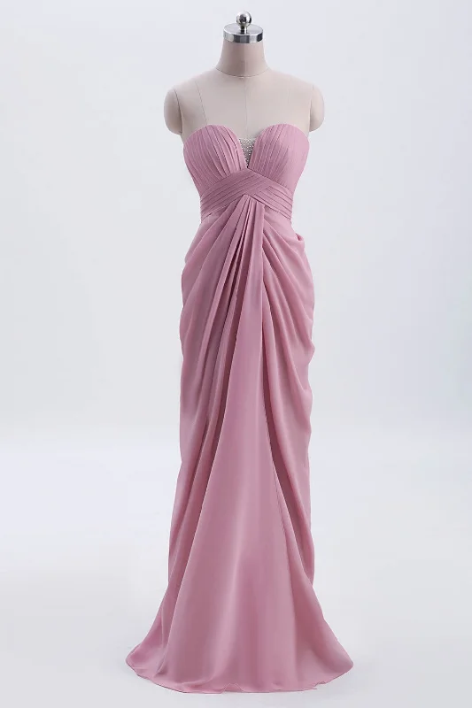 romantic dressStrapless Blush Pink Draped High Waist Long Bridesmaid Dress