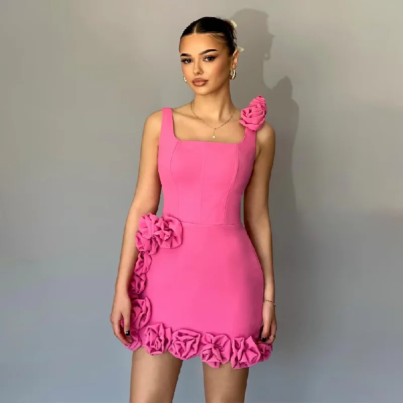 chic slip dressHot Pink Party Dress Mini 3D Flowers Tank Square Collar Short Cocktail Gowns for Women Sheath Sleeveless Homecoming Dresses