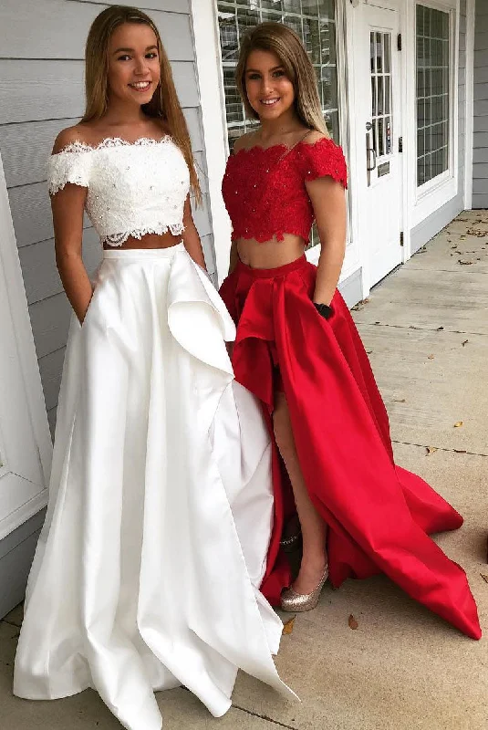 wrap dressTwo Piece Off the Shoulder White-Red Long Prom Dress