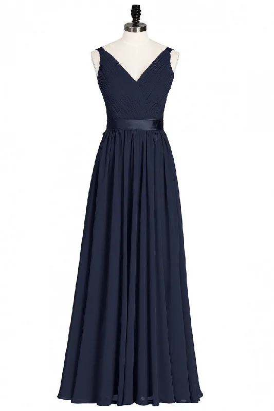 office dressNavy Blue V-Neck Tie-Back A-Line Long Bridesmaid Dress