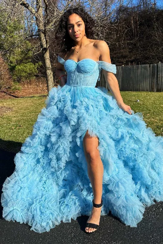 wrap dressBlue Ruffles Off-the-Shoulder A-Line Prom Gown with Slit