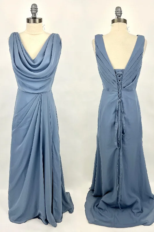 velvet dressCowl Neck Misty Blue Chiffon A-line Long Bridesmaid Dress