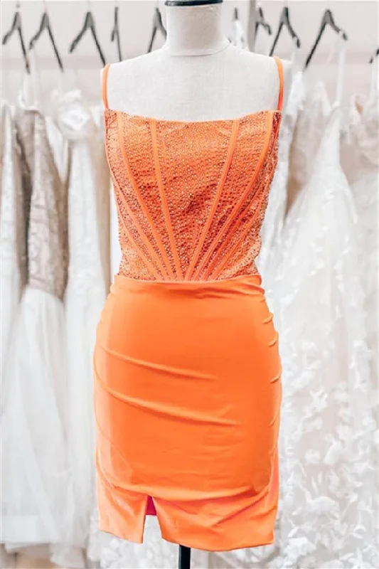 chic dressOrange Beaded Sheath Satin Straps Homecoming Dress