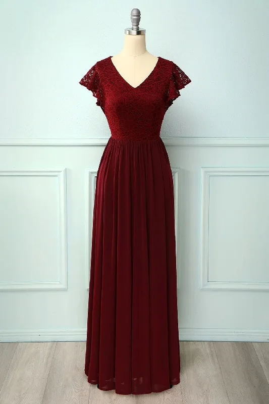 fitted bodycon dressV Neck Burgundy Bridesmaid Dress with Flutter Sleeve