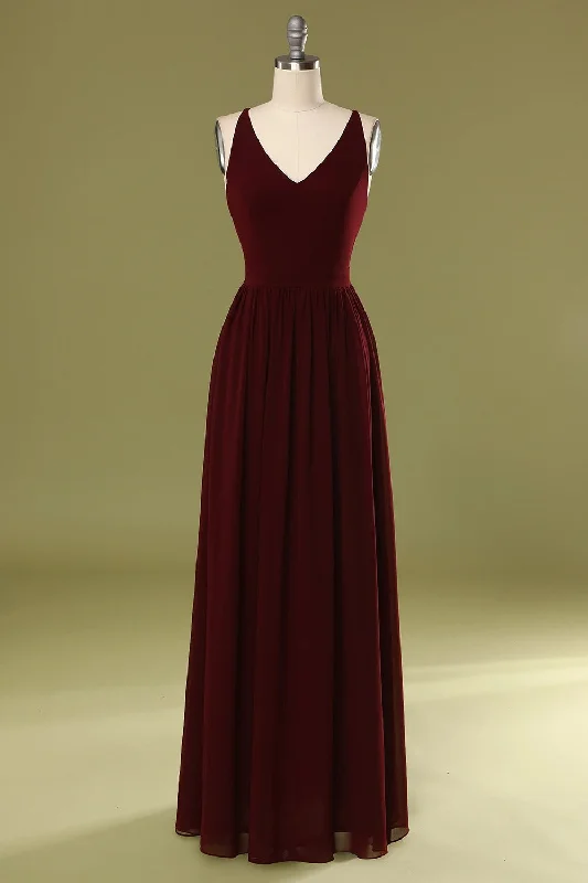 velvet dressSheath V Neck Burgundy Bridesmaid Dress with Lace Back