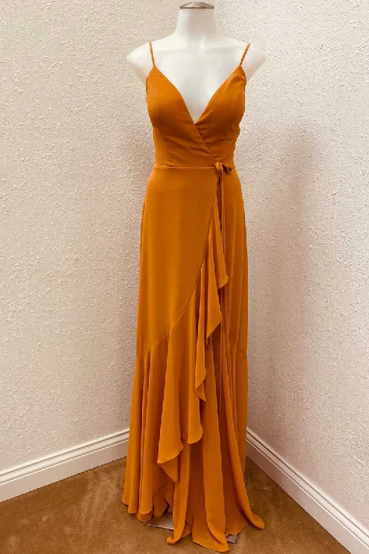 draped dressRust V-Neck Spaghetti Straps Ruffled Long Bridesmaid Dress