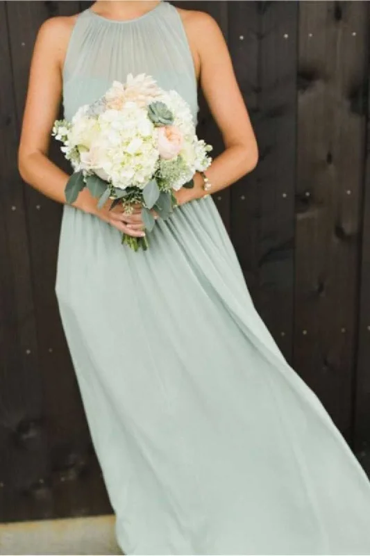 ruffle dressSage Green Chiffon Halter Cutout Back Long Bridesmaid Dress