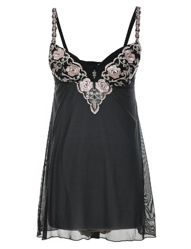 Black & Pale Pink Embroidered Babydoll - S