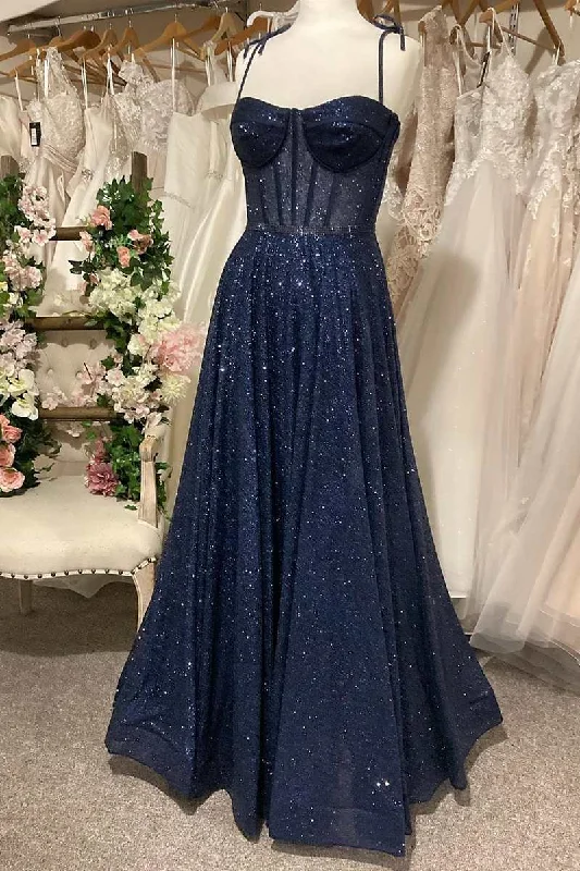 sophisticated dressPrincess Navy Sequin Tie-Strap A-Line Prom Dress