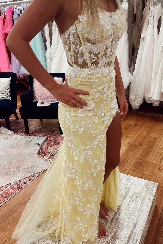 elegant evening dressYellow Floral Lace Backless Mermaid Long Prom Gown with Slit