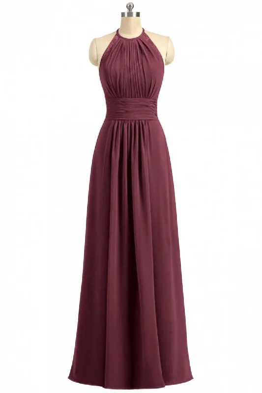 evening dressBurgundy Chiffon Halter Long Bridesmaid Dress with Lace Strap