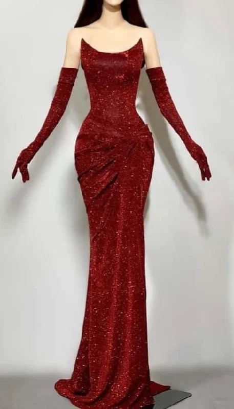 casual evening dressCharming Sequins Red Mermaid Evening Dress Formal Prom Dress With Gloves Y7800