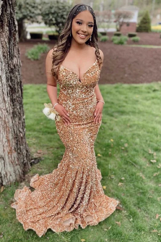 minimalistic dressGold Sequin V-Neck Lace-Up Mermaid Long Prom Gown