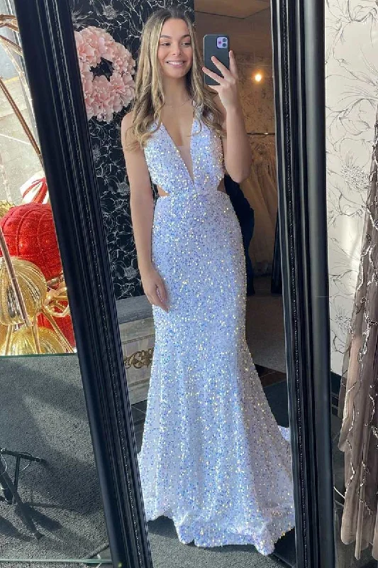 playful dressWhite Iridescent Sequin Halter Cutout Mermaid Long Prom Gown