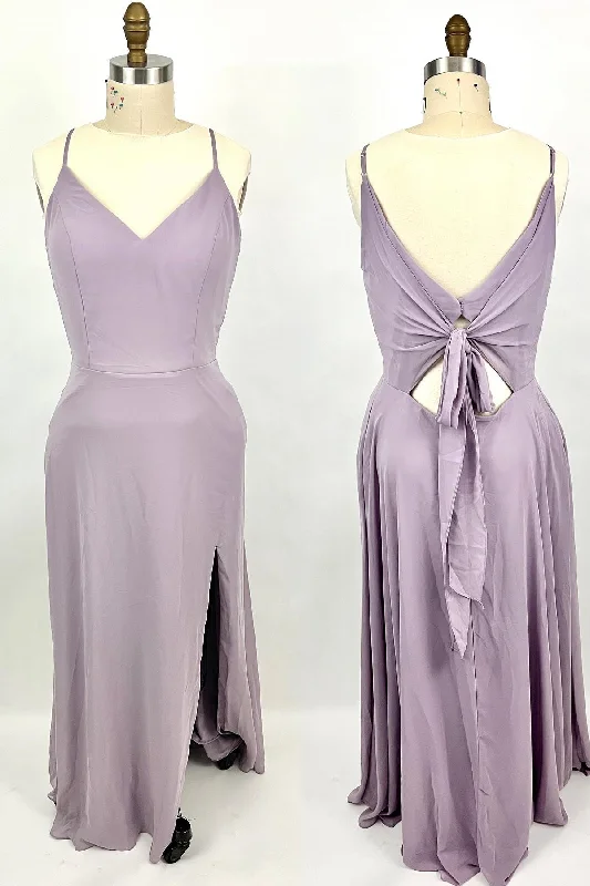 pleated maxi dressStraps Purple A-line Long Bridesmaid Dress with Tie Back