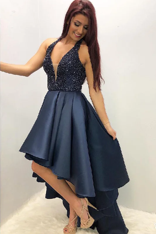 casual midi dressHi-Low Navy Blue Prom Dress with Beaded Top