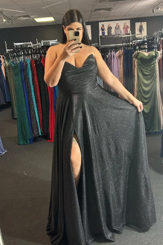 sleek dressSparkly Black A-line Strapless Pleated Long Prom Dress with Slit