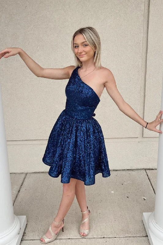 casual summer dressNavy Blue Sequin One-Shoulder A-Line Short Homecoming Dress