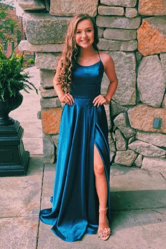 sleeveless dressTeal Blue Silk Satin Scoop Neck Long Prom Dress with Slit