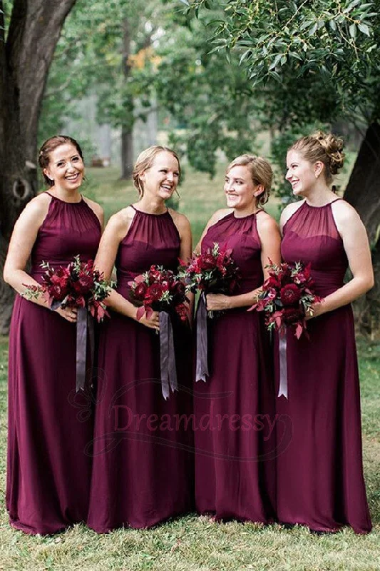 t-shirt dressHalter Burgundy Chiffon Floor Length Bridesmaid Dress