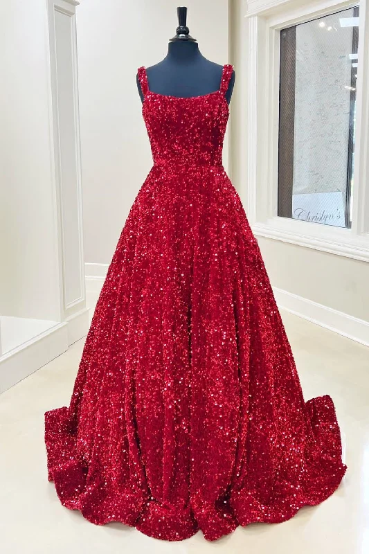 casual shift dressRed Sequin Square Neck Backless A-Line Long Prom Gown