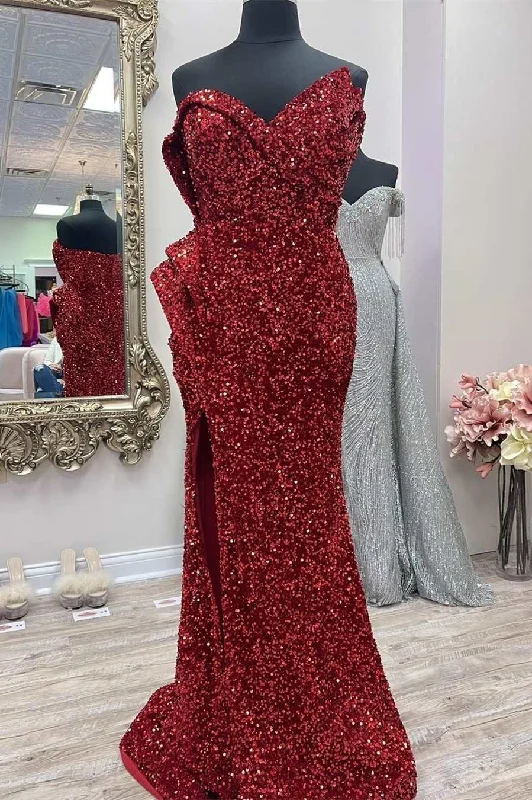 modern dressAsymmetrical Burgundy Sequin Strapless Mermaid Long Prom Dress with Slit