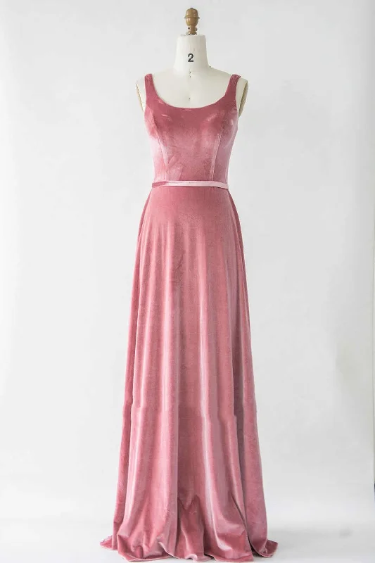 elegant maxi dressSimple Boat Neck Velvet Long Bridesmaid Dress