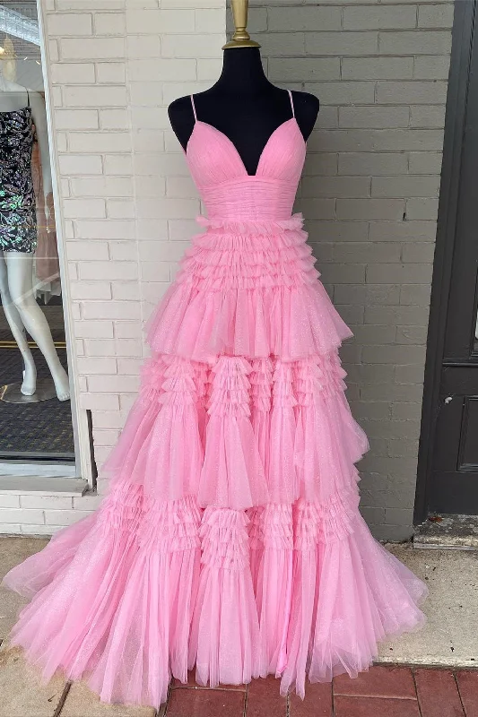 vintage dressPrincess Pink Tiered Layers Tulle Long Formal Gown