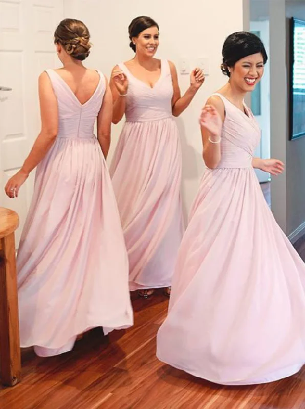 long sleeve dressSimple A-Line V Neck Floor Length Pink Bridesmaid Dress