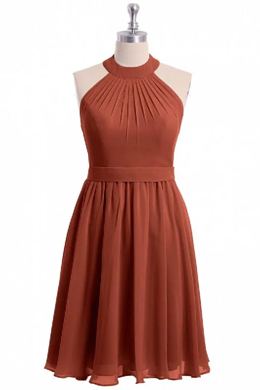 stylish party dressRust Orange Chiffon Halter Backless A-Line Short Bridesmaid Dress