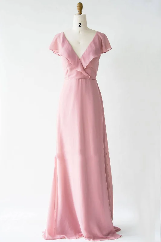 satin midi dressV-Neck Blush Pink Chiffon Bridesmaid Dress