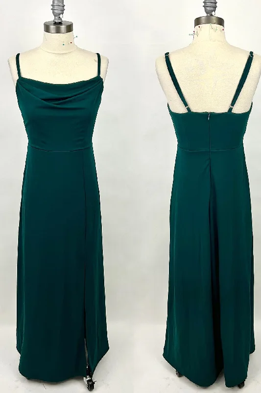 casual evening dressDark Green Cowl Neck Straps Chiffon Long Bridesmaid Dress