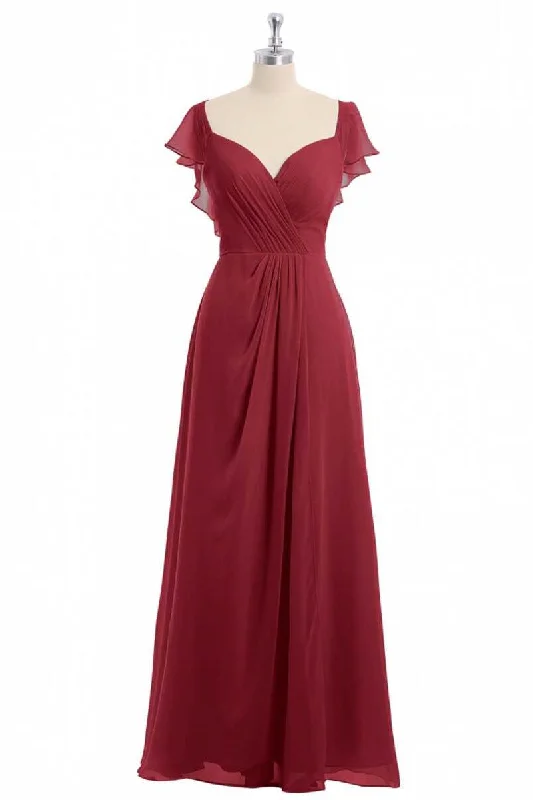 casual shift dressWine Red Chiffon Backless Ruffled Sleeve Long Bridesmaid Dress