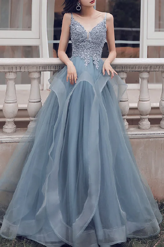 puff sleeve dressElegant Spaghetti Straps A-Line Appliques Dusty Blue Long Prom Dress