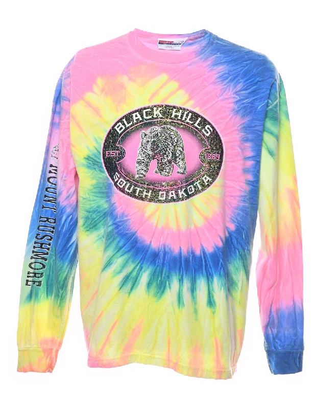 Tie Dye Design Multi-Colour Long Sleeve Black Hills Printed T-shirt - L