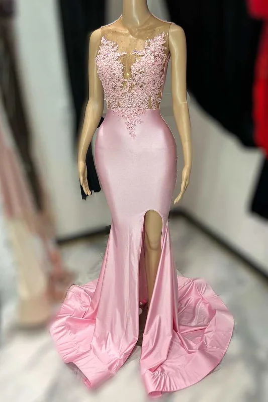 t-shirt dressPink Lace Satin Mermaid Long Prom Dress with Slit