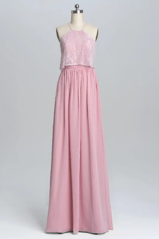 casual shift dressStraps Pink Lace Flounce A-line Long Bridesmaid Dress