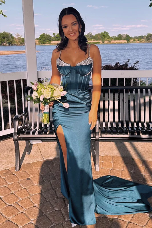 casual evening dressInk Blue Beaded Mermaid Straps Satin Long Prom Dress with Slit