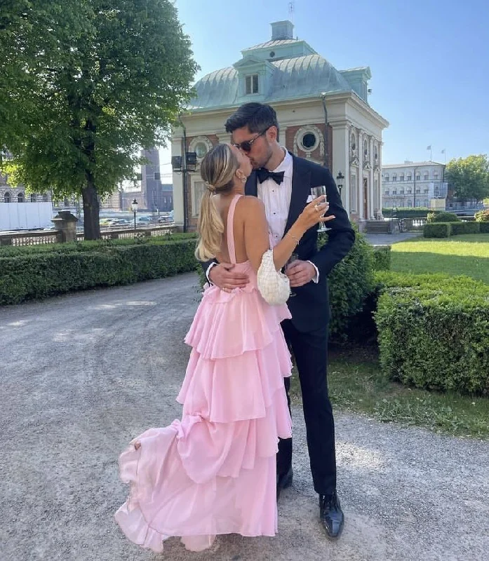 elegant dressWomen's Pink A-line Tiered Prom Dress,Pink Backless Evening Dress Y4532