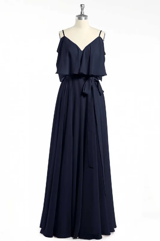 casual shift dressBlack Chiffon V-Neck Ruffled A-Line Long Bridesmaid Dress