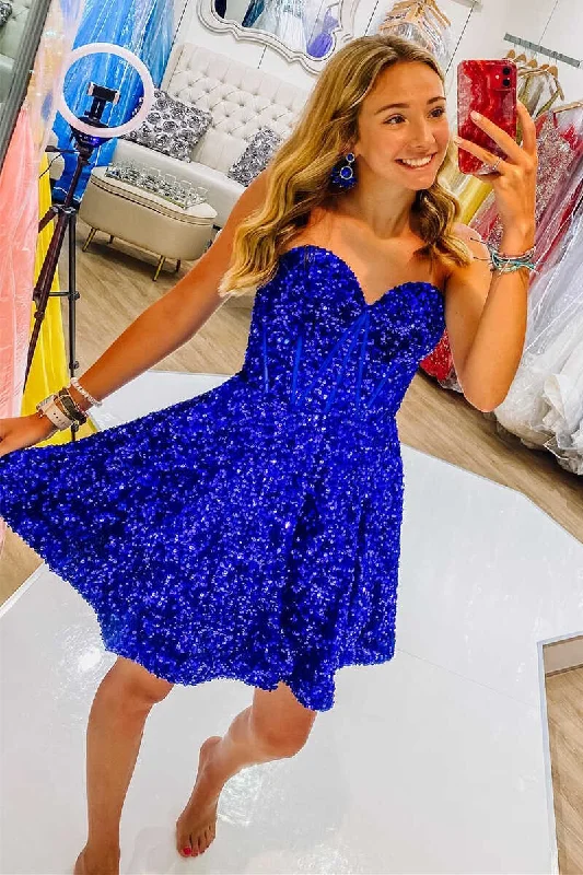 puff sleeve dressBlue Sequin Sweetheart A-Line Short Homecoming Dress