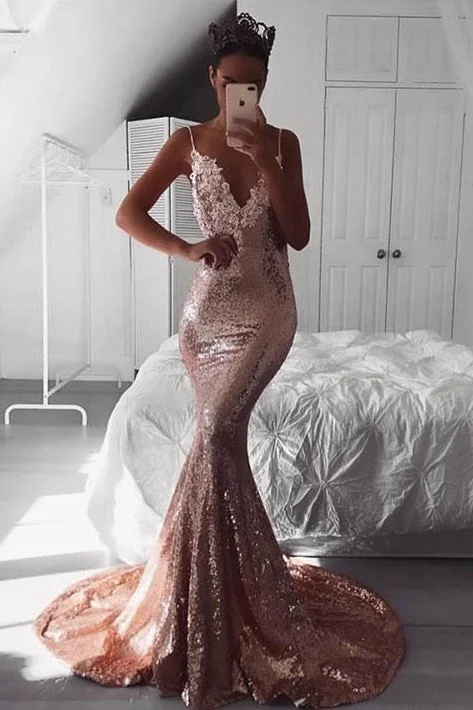 flowy evening dressSexy Rose Gold Sequins Mermaid Long Prom Dress