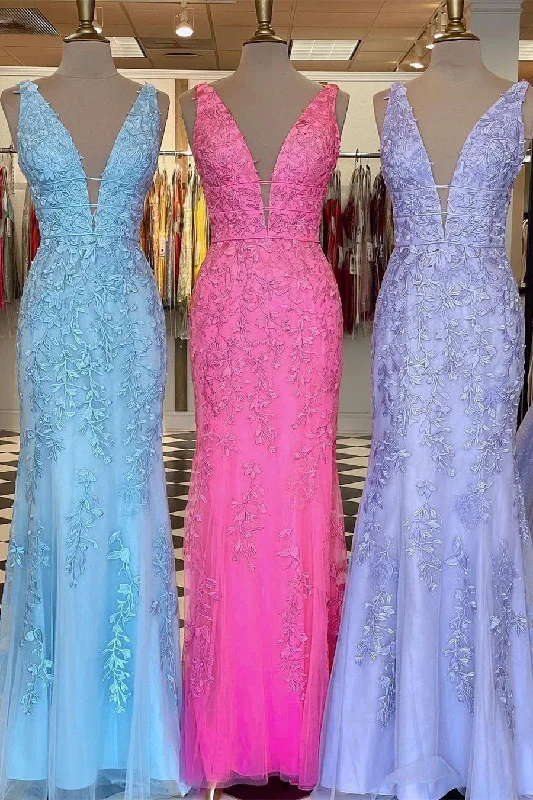 luxury dressPlunge V Neck Lace Appliques Long Prom Dress