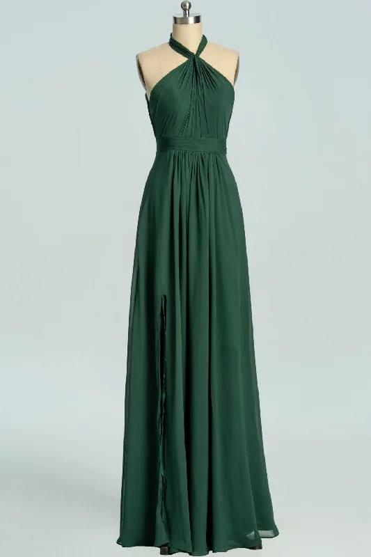 backless dressHalter Hunter Green Chiffon A-line Long Bridesmaid Dress