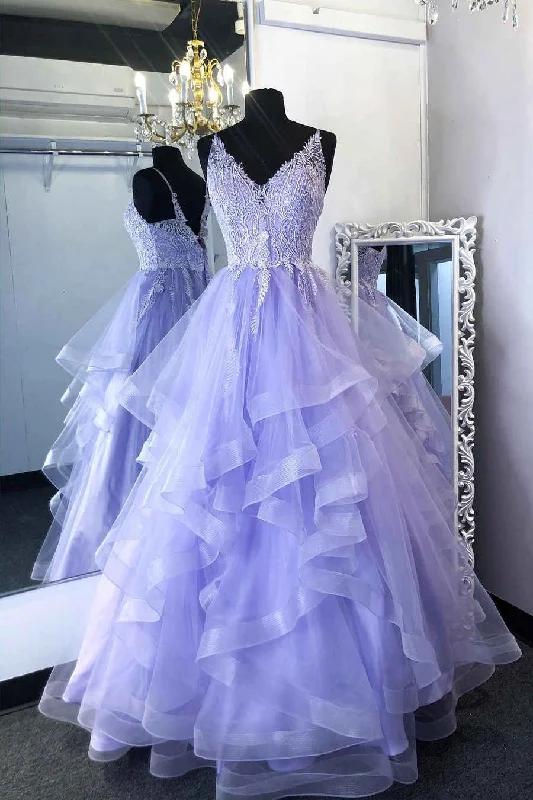 casual day dressV-Neck Lace Appliques Long Prom Dress with Ruffles